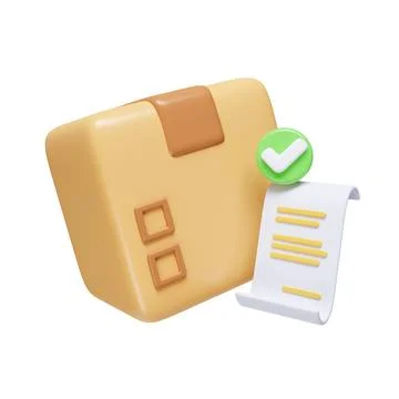 Delivery package check mark and receipt. Shipping box and cardboard box. safe Fotos de archivo