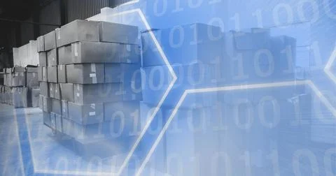 Delivery packages and computer code processing over warehouse, technology and Stock Illustration