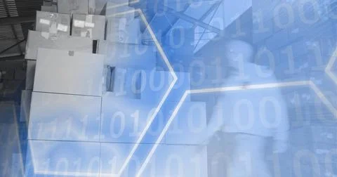 Delivery packages and computer code processing over warehouse, technology and Stock-Illustration