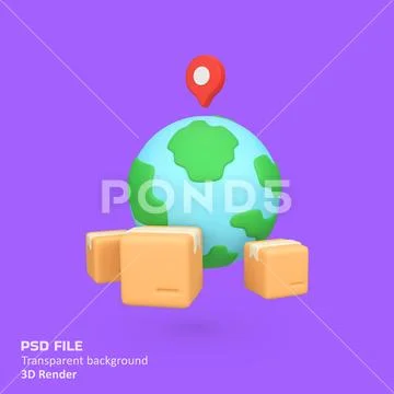 Delivery packages with earth and location pin isolated 3d render icon illus.. PSD Template