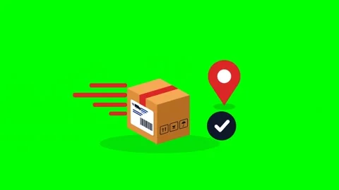 Delivery parcel moving fast with location pin icon on green screen Stock Footage 347289990