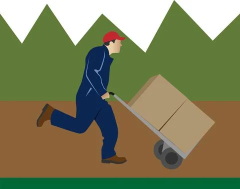 Delivery of parcels on a cart by courier. Vector illustration. Stock Illustration