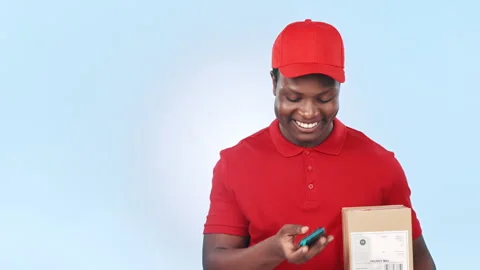 Delivery, pay machine or black man with box, package or parcel on blue Video stock 251860343