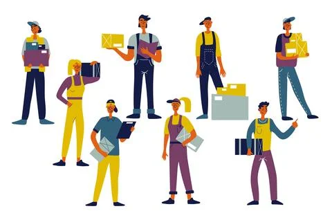 Delivery people set in flat character design for web. Bundle persons of dif.. Stock Illustration
