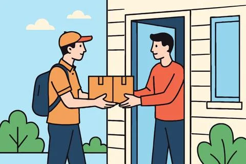 Delivery person hands package to customer at front door illustration Illustrazione stock