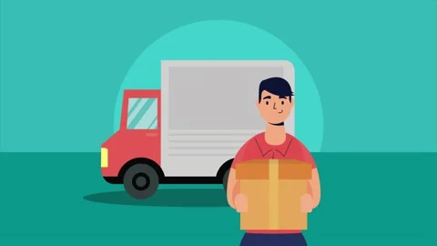 Delivery person holding package next to a truck for logistics service. Stock Footage 334265202