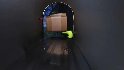 A delivery person placing a package in a rural mailbox, viewed from inside. Stock Footage 166357399