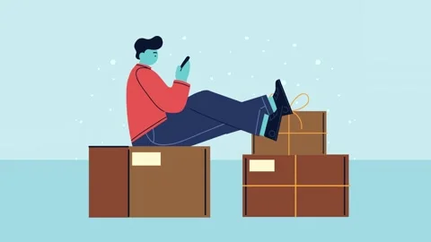 Delivery person using smartphone while sitting on cardboard packages waitin.. Видео 334162235