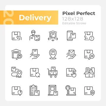 Delivery pixel perfect linear icons set Stock Illustration