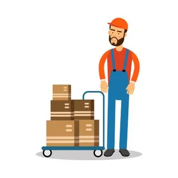 Delivery postman delivering parcels on a trolley, courier in uniform at work イラスト素材