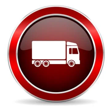 Delivery red circle glossy web icon, round button with metallic border Stock Illustration