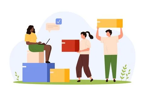 Delivery, registration and distribution of parcel boxes in warehouse by tiny Stock Illustration