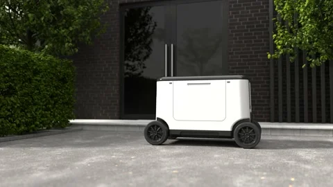 Delivery robot in front of the house, Autonomous delivery robotic Stock Footage 182236029