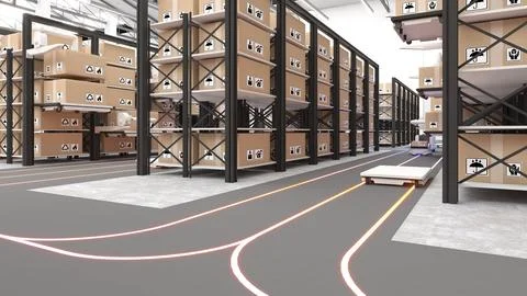 Delivery robot picks up a line of goods.,using automation in product manage.. Stock Photos