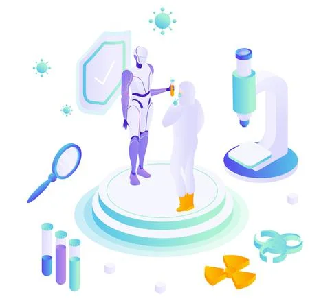 Delivery robot transporting infectious samples to lab for testing. Robots safety Stock Illustration