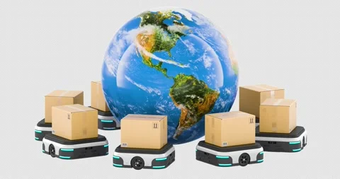 Delivery robots with cardboard boxes around planet Earth rotation animation.. Stock Footage 337727729