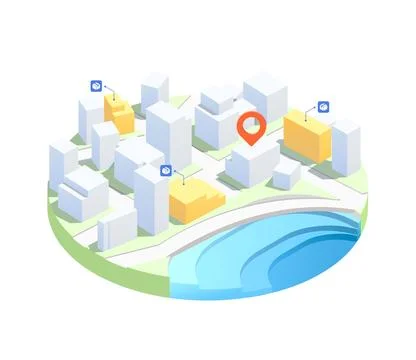 Delivery route planning, navigation plan between multiple pin. Isometric city Stock Illustration