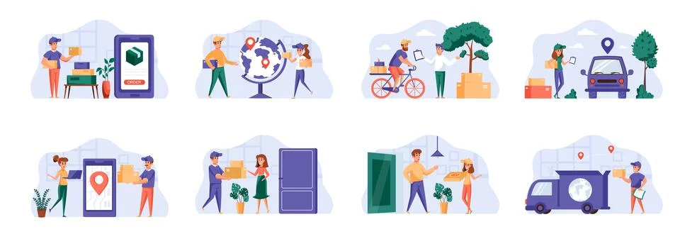 Delivery scenes bundle with people characters. Stock Illustration