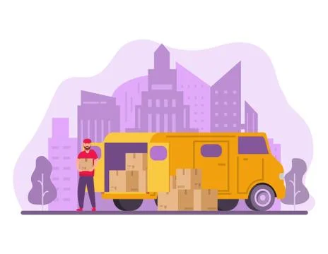 Delivery service and logistics.Man unloading box from truck.Courier with parc Stock Illustration