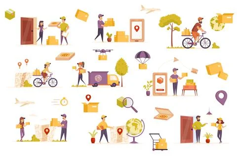 Delivery service bundle of flat scenes. Stock Illustration