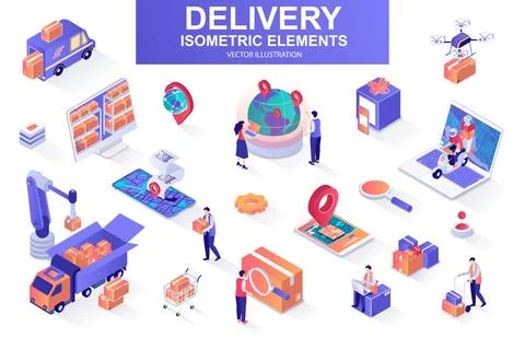Delivery service bundle of isometric elements. Stockillustratie