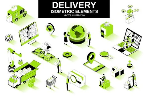 Delivery service bundle of isometric elements. Courier on scooter, delivery イラスト素材