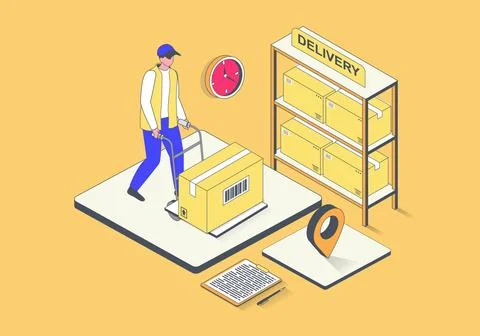 Delivery service concept in 3d isometric design. Man working in logistic comp Illustrazione stock