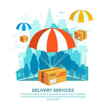 Delivery service concept. Flat design, packages with parachutes Illustrazione stock