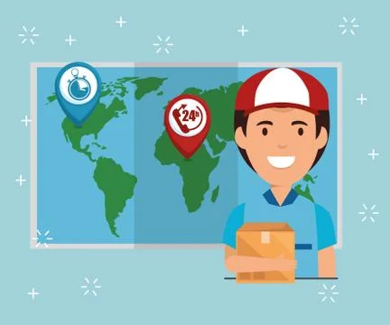 Delivery service with courier lifting box Illustrazione stock