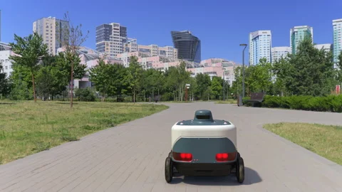 Delivery service by courier robot. automatic delivery system using an unmanne Stock Footage 158100799