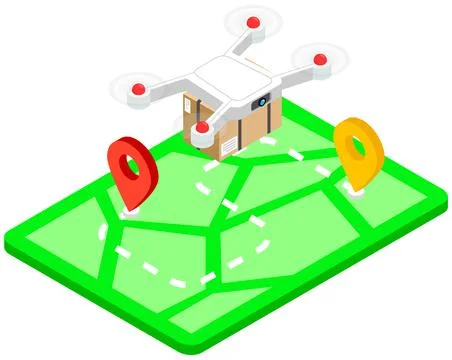Delivery service delivers parcel using quadcopter flying above map with Illustrazione stock