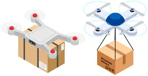Delivery service delivers parcel using flying copter. Future technologies of Stock Illustration