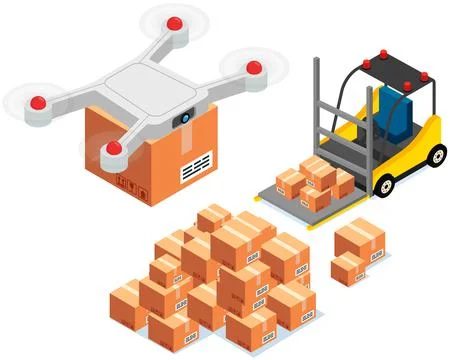 Delivery service delivers parcel using flying copter. Future technologies of 스톡 일러스트