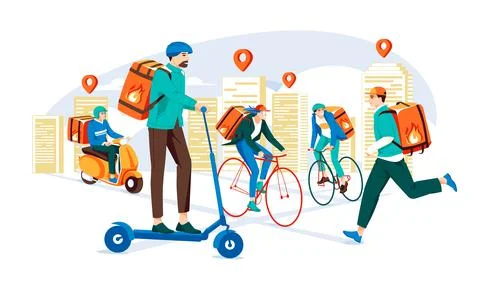 Delivery service by the different types of transport in the city. Stock Illustration