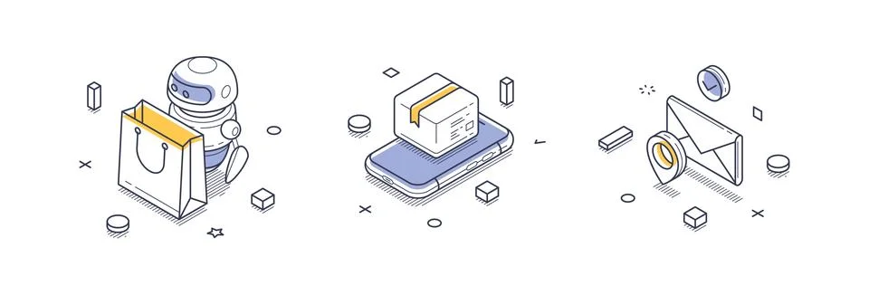 Delivery service elements, including a robot carrying a shopping bag, a parce イラスト素材