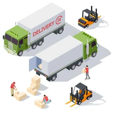 Delivery service isometric vector elements collection with delivery truck, boxes Illustrazione stock