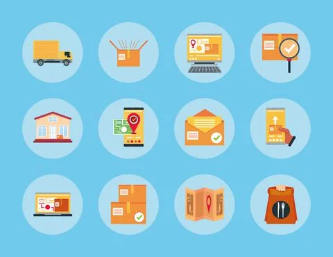Delivery service logistic courier worker box food and transport round blue icons Illustration