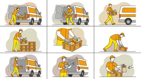 Delivery Service Process with Van and Boxes. Stock Illustration