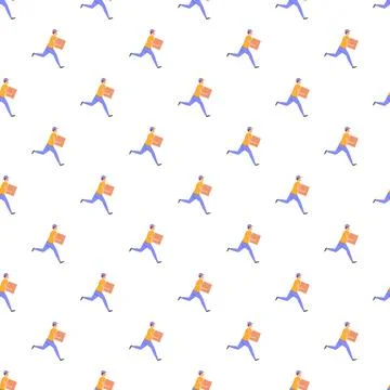 Delivery service seamless pattern with running courier holding box 스톡 일러스트
