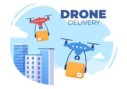Delivery Service use Drone Background Vector Illustration. Employee Distribut Ilustração Stock