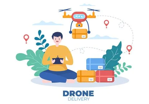 Delivery Service use Drone Background Vector Illustration. Employee Distribut Ilustração Stock