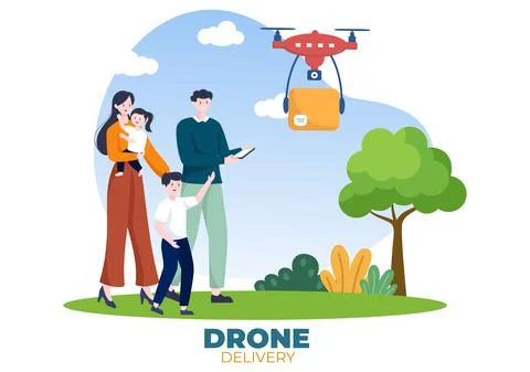 Delivery Service use Drone Background Vector Illustration. Employee Distribut Ilustração Stock