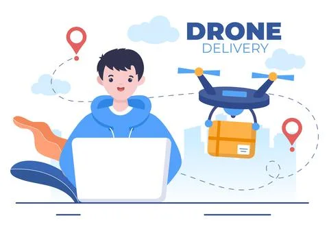 Delivery Service use Drone Background Vector Illustration. Employee Distribut Ilustração Stock