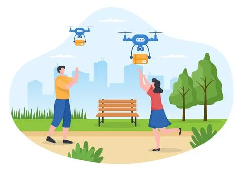 Delivery Service use Drone Background Vector Illustration. Employee Distribut Ilustração Stock