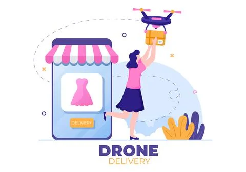 Delivery Service use Drone Background Vector Illustration. Employee Distribut Ilustração Stock