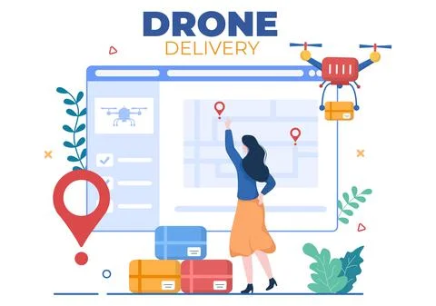 Delivery Service use Drone Background Vector Illustration. Employee Distribut Ilustração Stock
