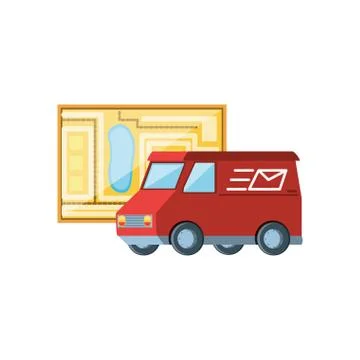 Delivery service van with map guide Stock Illustration