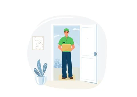 Delivery service vector illustration. Courier smile man stand near open door and Stock Illustration