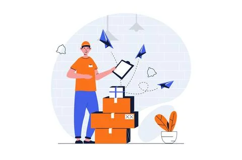 Delivery service web concept with character scene. Man delivering cardboard.. Stock Illustration