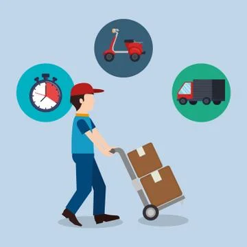 Delivery service worker character with set icons 스톡 일러스트